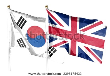 British flag and South Korean flag on cloudy sky. flying in the sky