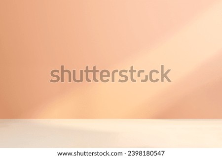 Empty room wall painted in peach color. Minimalistic abstract apricot background for product presentation. Color of the year 2024 Peach Fuzz