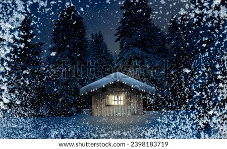 Snow-covered wooden cabin in winter