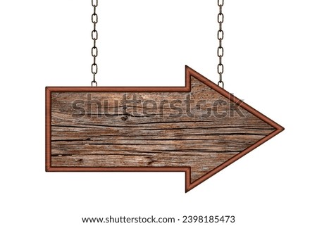 Blank hardwood arrow sign hanging on iron chains. Arrow sign isolated on white background