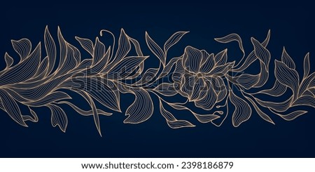 Vector seamless golden art deco pattern with leaves. Elegant line illustration, japanese style nature ornament. Use for package, wall art, decor, beauty product design