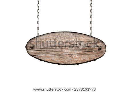 Wooden empty old sign hanging on iron chains. Signboard isolated on white background