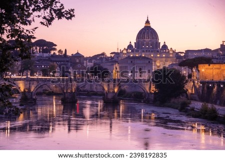 Magic view of Rome in the blue hour, with Saint Peter's Basilica in the background Royalty-Free Stock Photo #2398192835