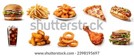 Fast food collection isolated on white background. onion rings, sandwich, fried chicken, pizza slice, ham burger,cold drink, fries, nuggets, hotdog and prawns. closeup abstract of different food items
