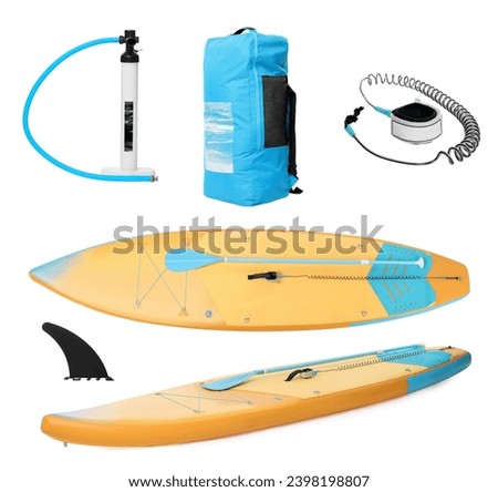 SUP board and different equipment for stand up paddle boarding isolated on white, set