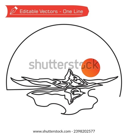 Premium mountains logo. Simple line of Matterhorn mountain and its shadow over an alpine river in semicircular frame. Vector illustration of Matterhorn and full sun. Adventure and climbing icon.