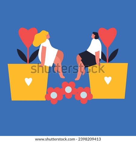 Tiny women and woman. Flat vector. Couple in love. 