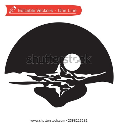 Premium mountains logo. Matterhorn mountain silhouette, its shadow and full moon in semicircular frame. Vector illustration black and white of Matterhorn. Extreme expedition, hiking, climbing, camping