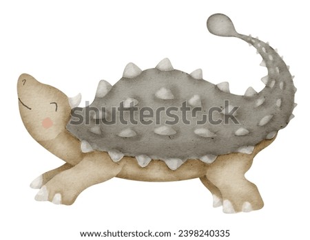 Dinosaur Ankylosaurus Watercolor illustration. Hand drawn clip art of cute Dino on isolated background. Drawing of Baby cartoon character. Sketch of animal monster for kids. Create t shirts and cards.