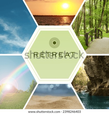 Wellness retreat. Collage with photos of beautiful landscapes