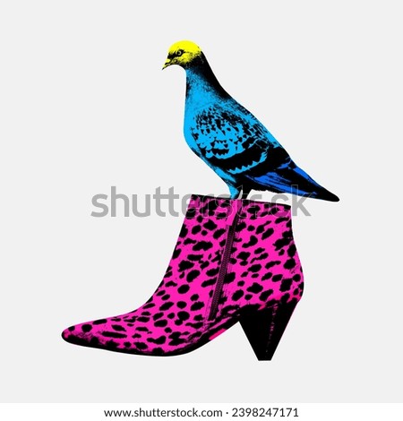 Pigeon sitting on stylish female boot against white background. Autumn fashion. Contemporary art collage. Concept of surrealism, creativity, imagination, inspiration, retro style. Colorful design