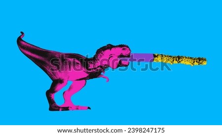 Dinosaur with cigarette against blue background. Give up smoking. Contemporary art collage. Concept of surrealism, y2k, creativity, imagination, inspiration, retro style. Colorful design