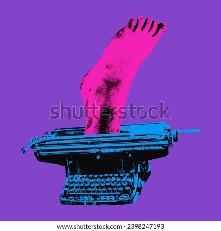 Human leg sticking out vintage typewriter over purple background. Journalism, writer, fantasy. Contemporary art collage. Concept of surrealism, creativity, inspiration, retro style. Colorful design