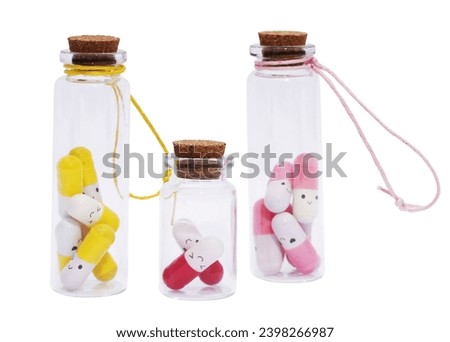 Happy, face, antidepressants, vitamins, pills, glasses, bottles, isolated, white, background. Cute cartoon character pills.