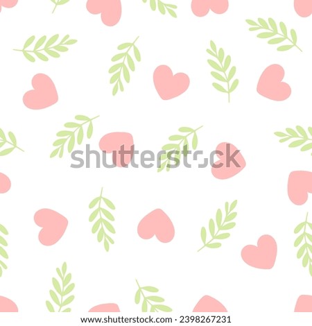 Seamless romantic spring vibe pattern with hearts and leaves