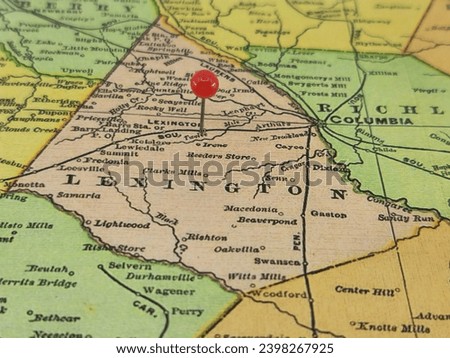Lexington County, South Carolina marked by a red tack on a colorful vintage map. The county seat is located in the city of Lexington, SC. Royalty-Free Stock Photo #2398267925