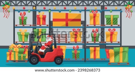 Industrial warehouse with pallet racks with gift boxes. Santa Claus driving a red forklift. Christmas campaign for cargo logistics and shipping of high demand merchandise for the Christmas season