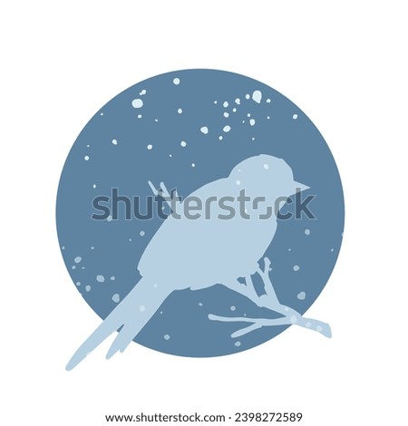 Round abstract icon of a bird on a branch and falling snow. Vector graphics.