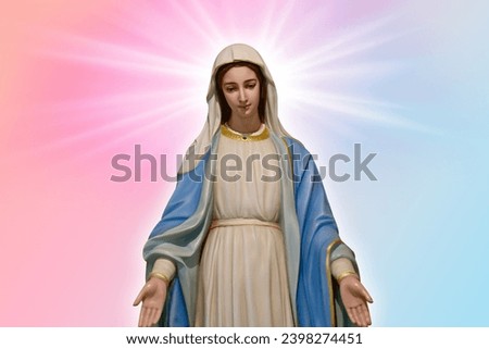 Closeup of Statue of Our lady of grace virgin Mary with beautiful Sky Pastel with abstract colored background and wallpaper in sweet color at Thailand. Royalty-Free Stock Photo #2398274451