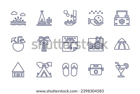 Holiday line icon set. Editable stroke. Vector illustration. Containing sunset, wigwam, coconut drink, palm tree, house, tent, snorkeling, th of july, flip flops, snowball, basket, swimming pool.