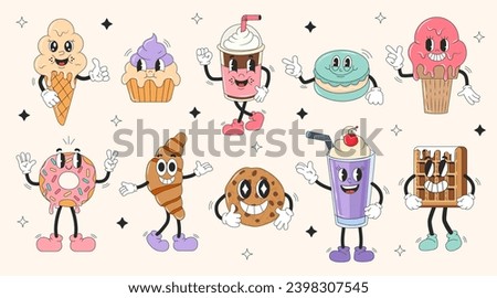 Set retro cartoon characters. Sweets in groovy style. Modern illustration with cute comics characters. 60 -70s vibes sticker set. 