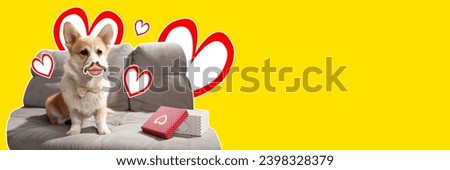 Valentines day. Corgi dog with female mouth sitting with presents against yellow background. Contemporary art collage. Concept of fun, meme, animals, emotions, surrealism, inspiration. Banner, ad