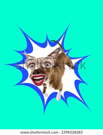 Crazy look. Purebred dog with female mouth and make eyes over green background. Contemporary art collage. Concept of fun, meme, animals, emotions, surrealism, inspiration