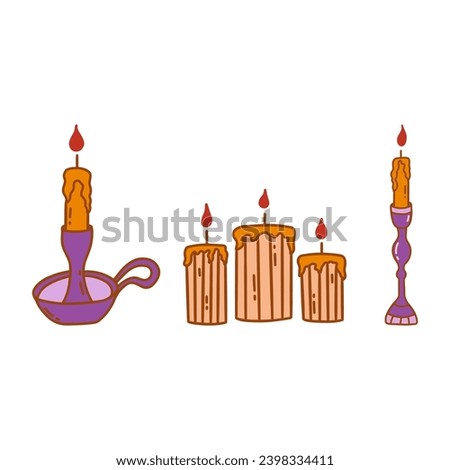 Set of burning candles in antique purple candlestick. Colorful vector isolated illustration hand drawn doodle. Winter holiday season. Group lighting elements icon clip art
