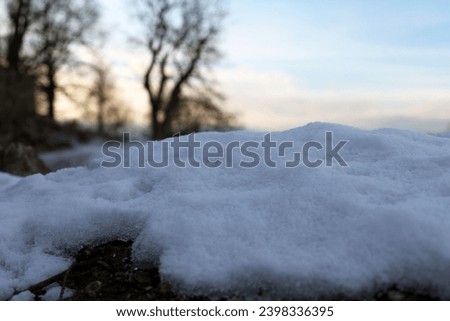 exterior photo view of white cole snow on the grass of a garden or park during winter christmas time in themorning or evening