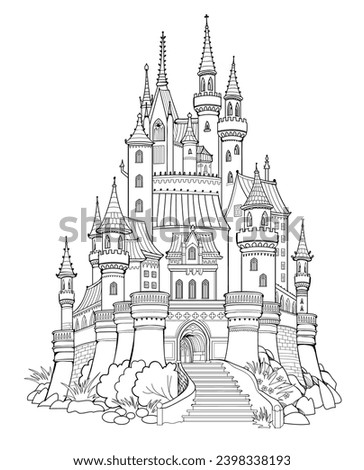 Illustration of ancient medieval kingdom. Black and white page for kids coloring book. Fairyland fortress. Worksheet for drawing and meditation for children and adults. French architecture. Royalty-Free Stock Photo #2398338193