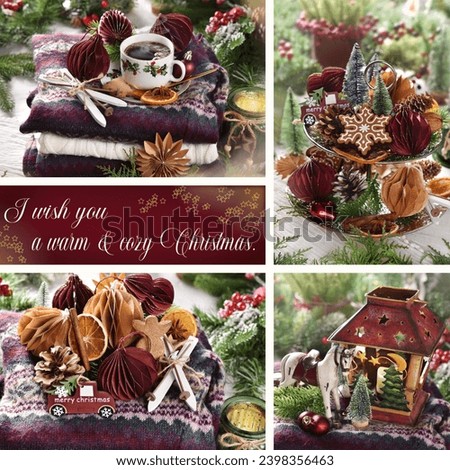 Colorful collage with 4 pictures in vintage style with handmade decors and wishes of warm and cozy Christmas 