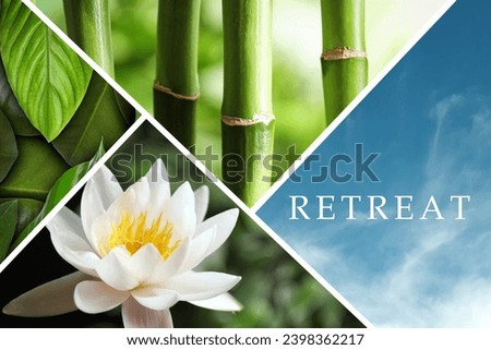 Wellness retreat. Collage with photos of sky, lotus flower, bamboo stems and green leaves