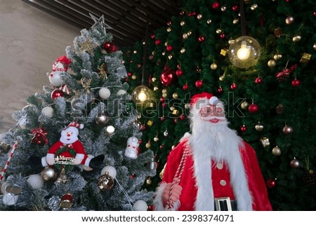 Toy decorate christmas tree and santa claus. merry christmas