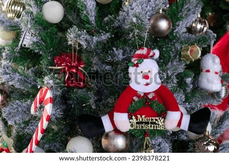 Close up toy decorate christmas tree and santa claus.merry christmas