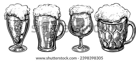Beer drink in mugs and glasses, set. Hand drawn sketch vintage illustration
