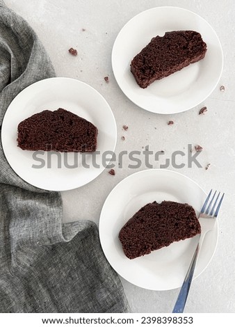 Chocolate loaf cake slices, flat lay photography