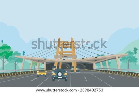 Bangabandhu Sheikh Mujib Tunnel in Bangladesh illustration, Road tunnel concept. Horizontal mountain landscape with entrance to the tunnel. Vector illustration in flat style Royalty-Free Stock Photo #2398402753
