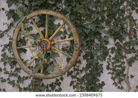 An old wooden wagon wheel has found a nice use again and decorates a facade that is overgrown with ivy. Royalty-Free Stock Photo #2398409675