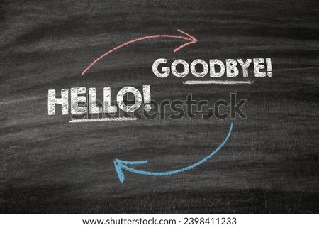 Hello and Goodbye. Black scratched textured chalkboard background.