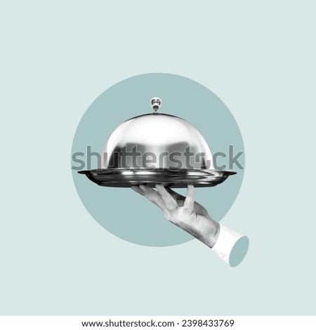 Waiter, hand with silver tray, Tray, Waiter, Chef, Plate, Tableware, Service, Food, Glove, Protective gloves, Sports glove, Recipe, Restaurant, Kitchen, Gourmet food, Dinner, Cooking, Plate of food Royalty-Free Stock Photo #2398433769