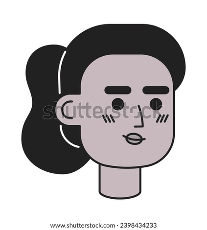 Shy attractive female african american black and white 2D vector avatar illustration. Beautiful woman black outline cartoon character face isolated. Ponytail lady flat user profile image, portrait