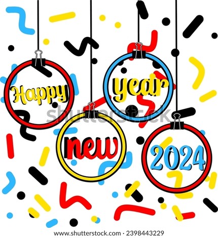 Vector Happy New Year 2024 with colored circles and squiggles 