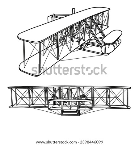 The Wright brothers' 1903 Flyer plane, side and front view, Hand drawn vector illustration of Classic Aircraft. Design for print, coloring book, Isolated on White Background Royalty-Free Stock Photo #2398446099
