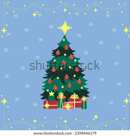 Christmas tree concept with character scene. New Year and Xmas postcard with fir tree with decor balls and lights, gift boxes, garland frames and snowflakes. Vector illustration in flat cartoon design