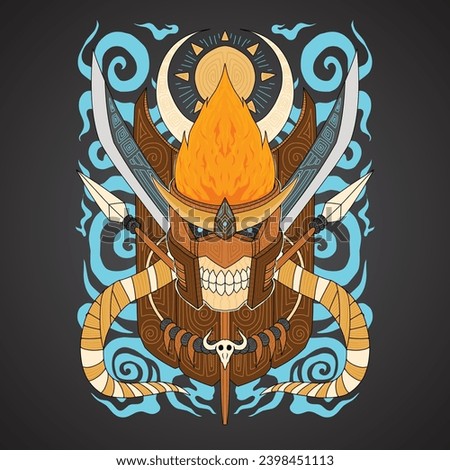 t-shirt artwork illustration.  ancient inland tribal vector design.  skull, spear, shield