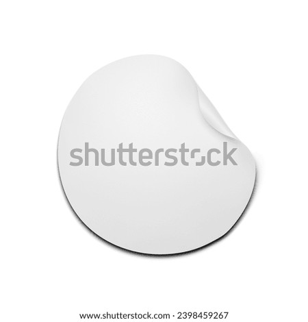 Hyperrealistic circle adhesive symbols. White tags, paper round stickers with peeling corner, isolated rounded plastic mockup signs.
