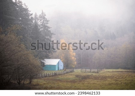 Old barn tucked into the forest on a foggy morning in the Pacific Northwest. Fog adds a romantic and atmospheric feel to the image in this morning during the autumn season.