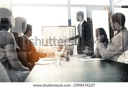 Big city business. Multiple exposure shot of businesspeople in a meeting superimposed on a cityscape. Royalty-Free Stock Photo #2398474237