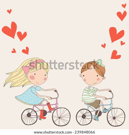 Couple in love on  bicycles. Romantic card in cute colors. 
