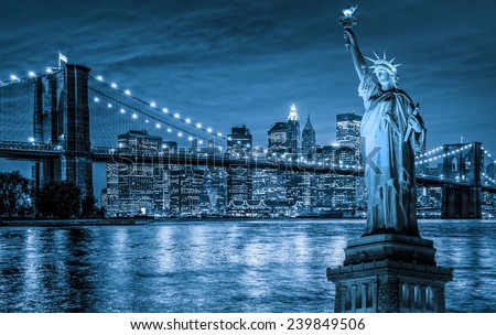 Brooklyn Bridge and The Statue of Liberty at Night, New York City